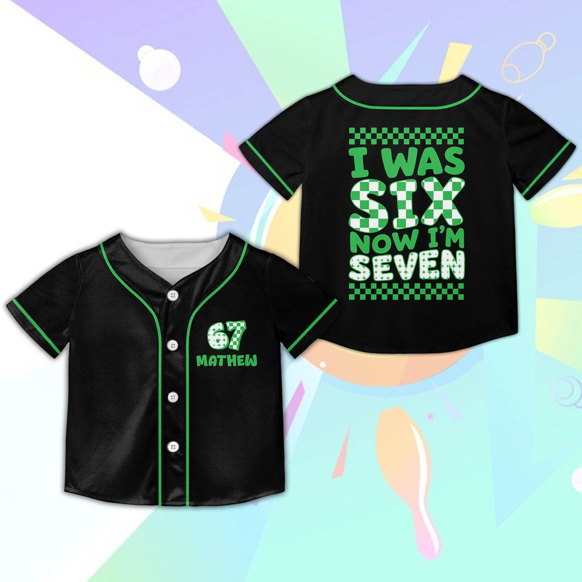 Another front view of the black birthday baseball jersey.