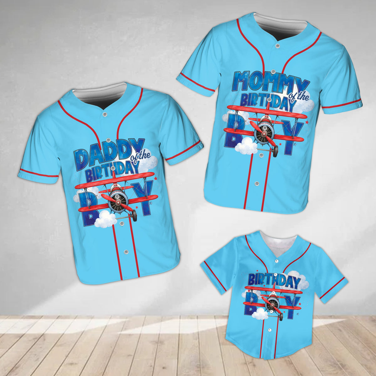 Front view of blue custom name and number baseball jersey