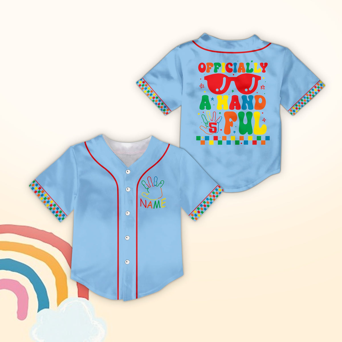 Light blue personalized baseball jersey with custom name and number, front view