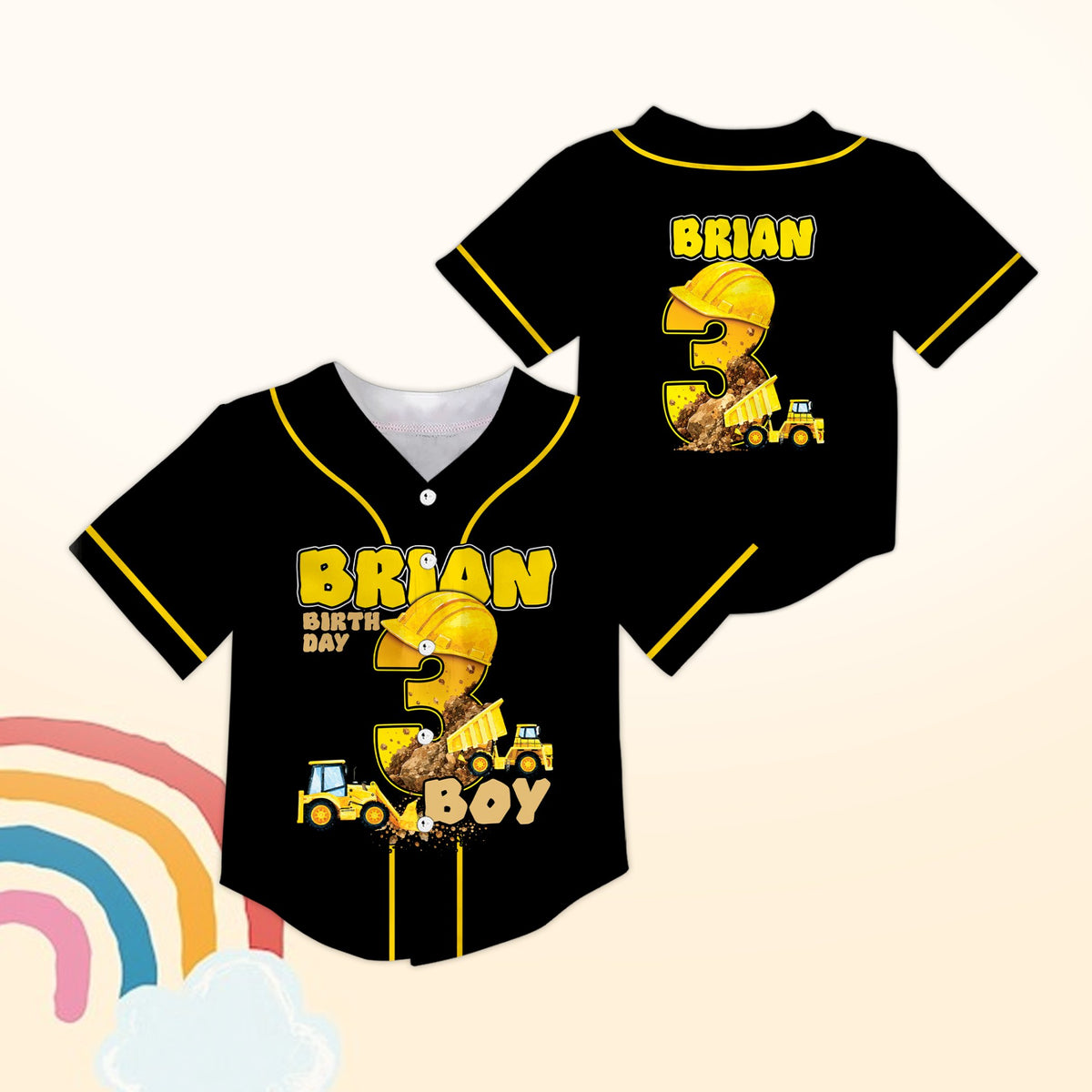 Front view of the black birthday construction baseball jersey featuring yellow dump trucks