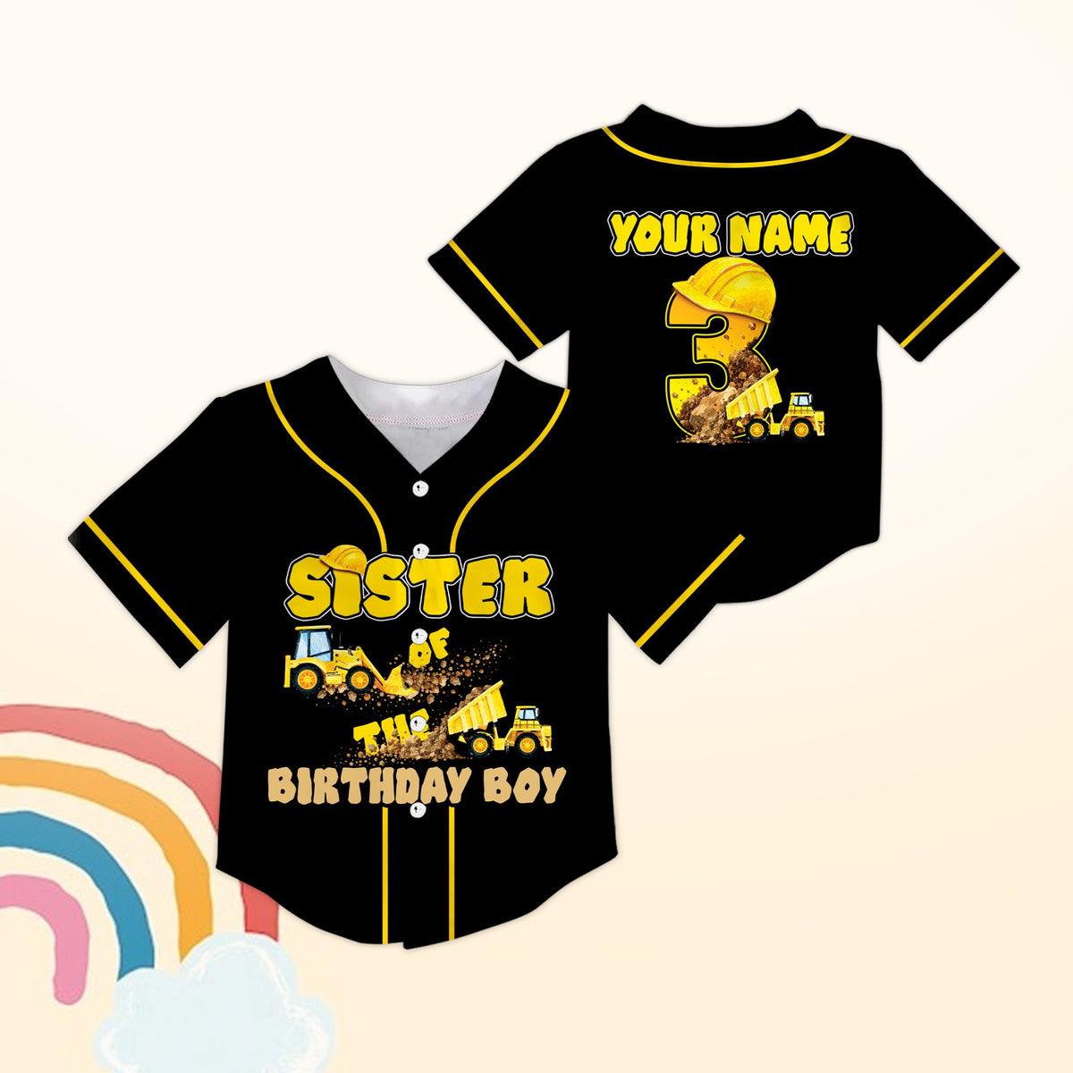 Another front view of the custom birthday construction baseball jersey showing yellow piping details