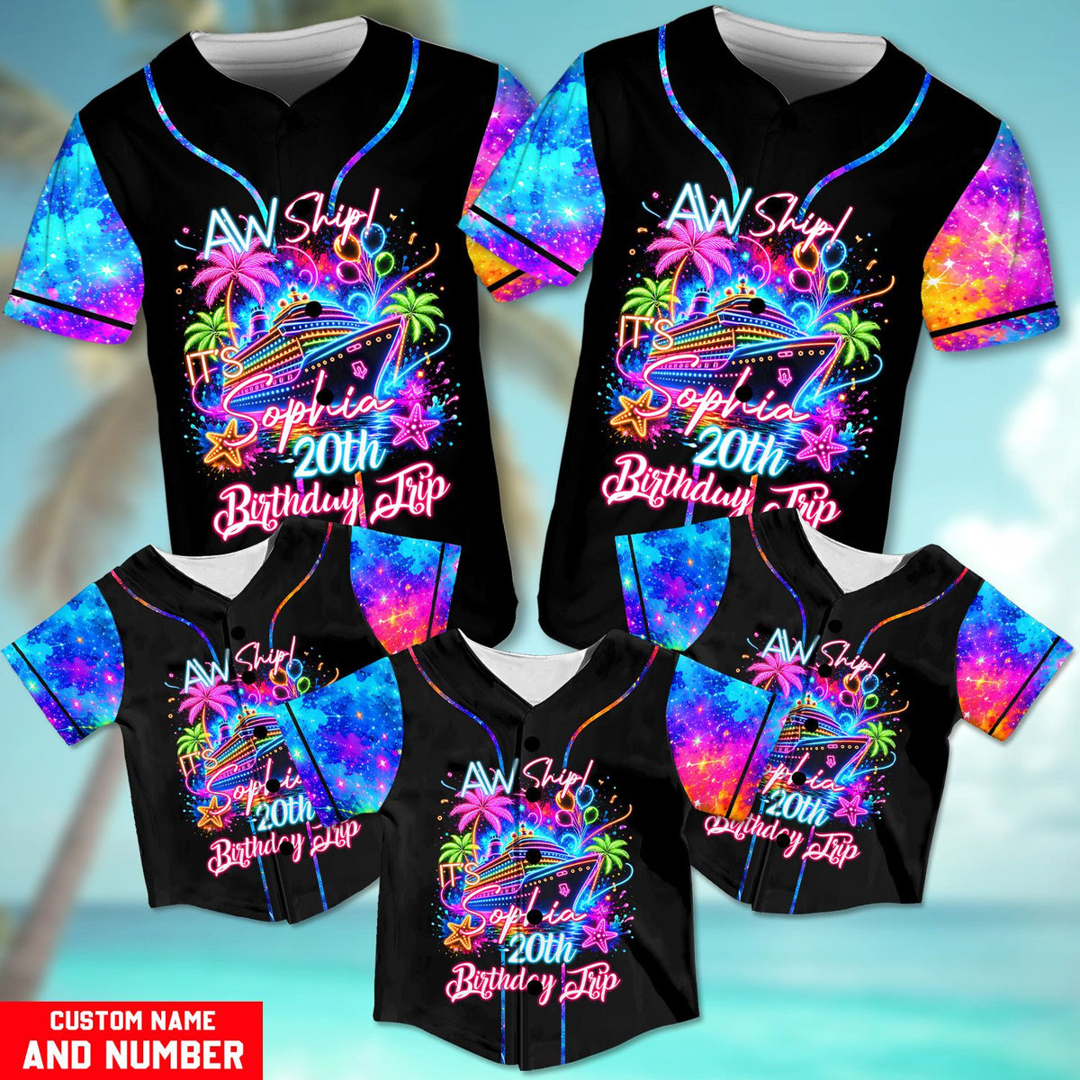 Detailed front view of the birthday cruise baseball jersey showing palm trees and balloons