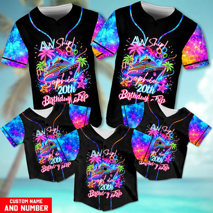 Detailed front view of the birthday cruise baseball jersey showing palm trees and balloons