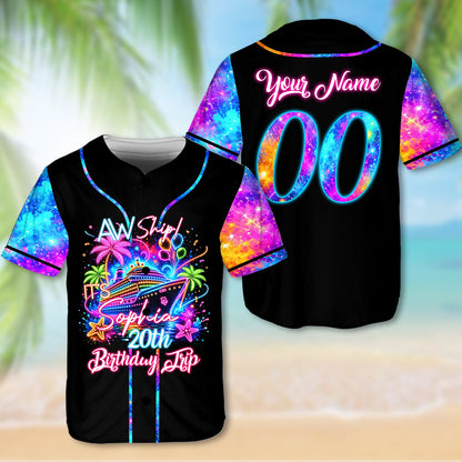 Detailed view of the button-down front of the custom birthday cruise jersey