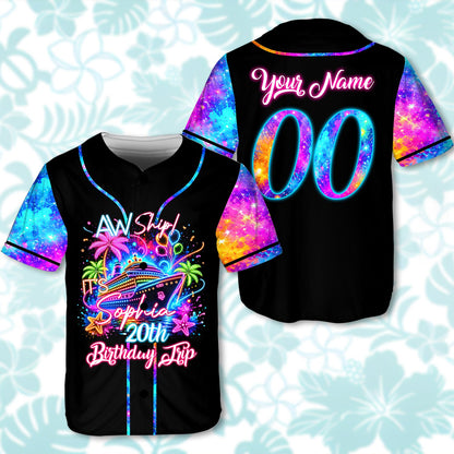 Angled front view of the personalized birthday cruise baseball jersey