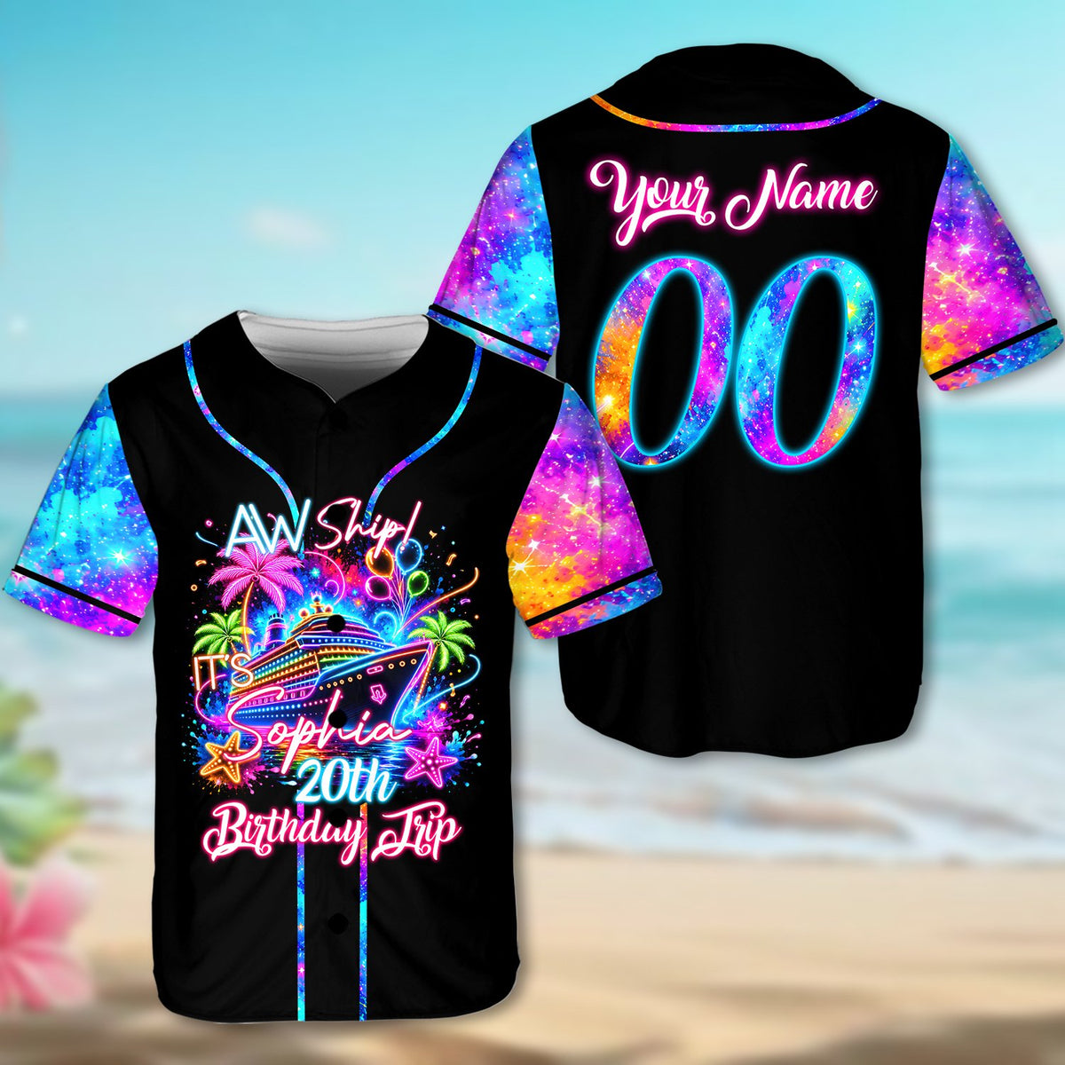Flat lay view of the neon-style birthday cruise baseball jersey