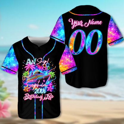 Flat lay view of the neon-style birthday cruise baseball jersey