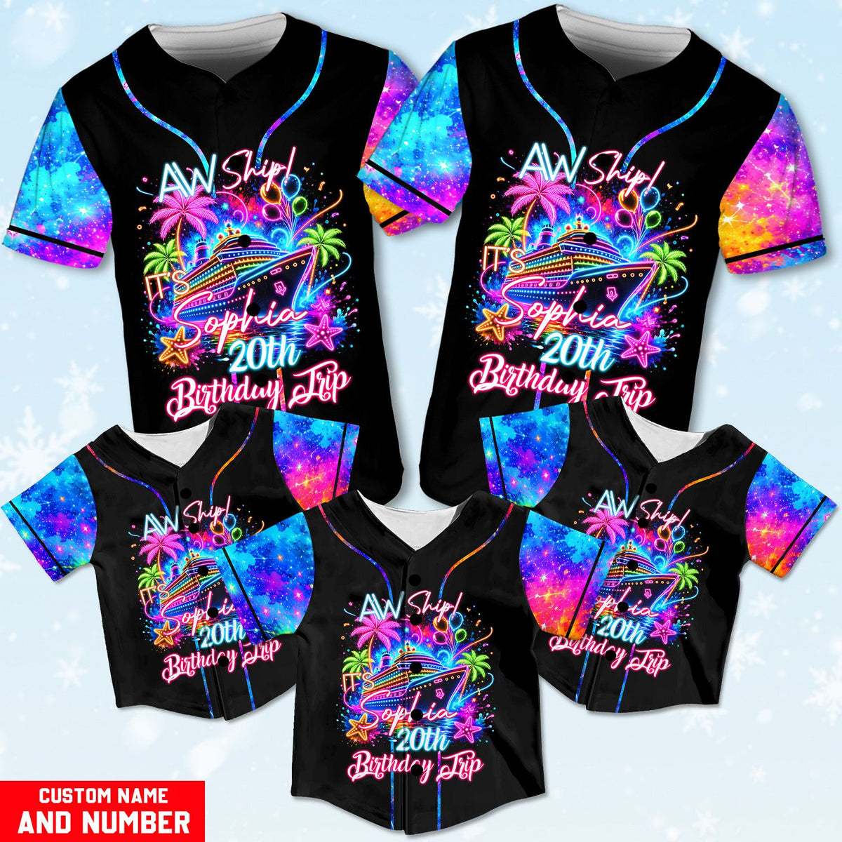 Front view of the neon birthday cruise baseball jersey with cosmic pattern sleeves
