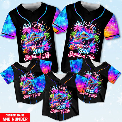 Front view of the neon birthday cruise baseball jersey with cosmic pattern sleeves
