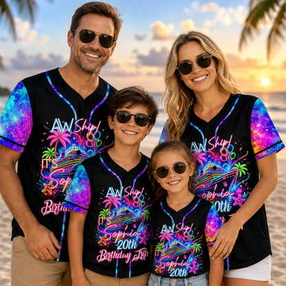 Second lifestyle view of a person wearing the neon birthday cruise baseball jersey