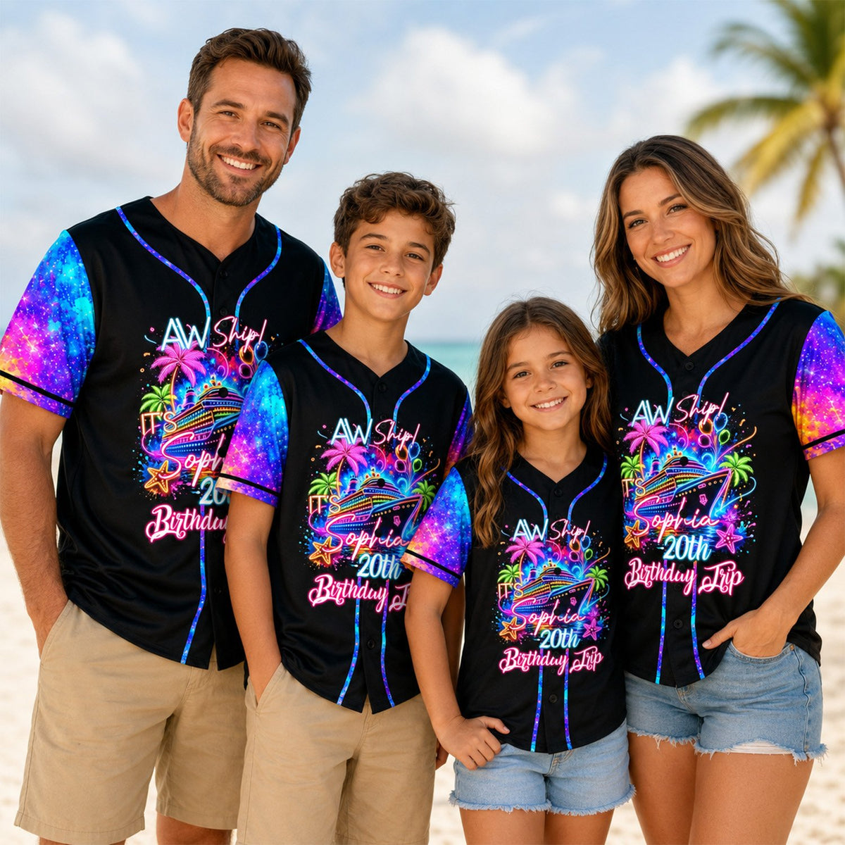 Lifestyle view of a person wearing the personalized birthday cruise baseball jersey outdoors