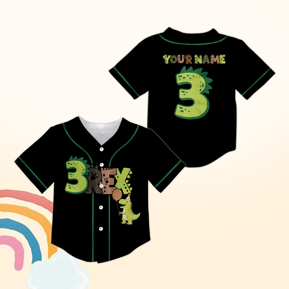 Personalized black birthday dinosaur baseball jersey, front view