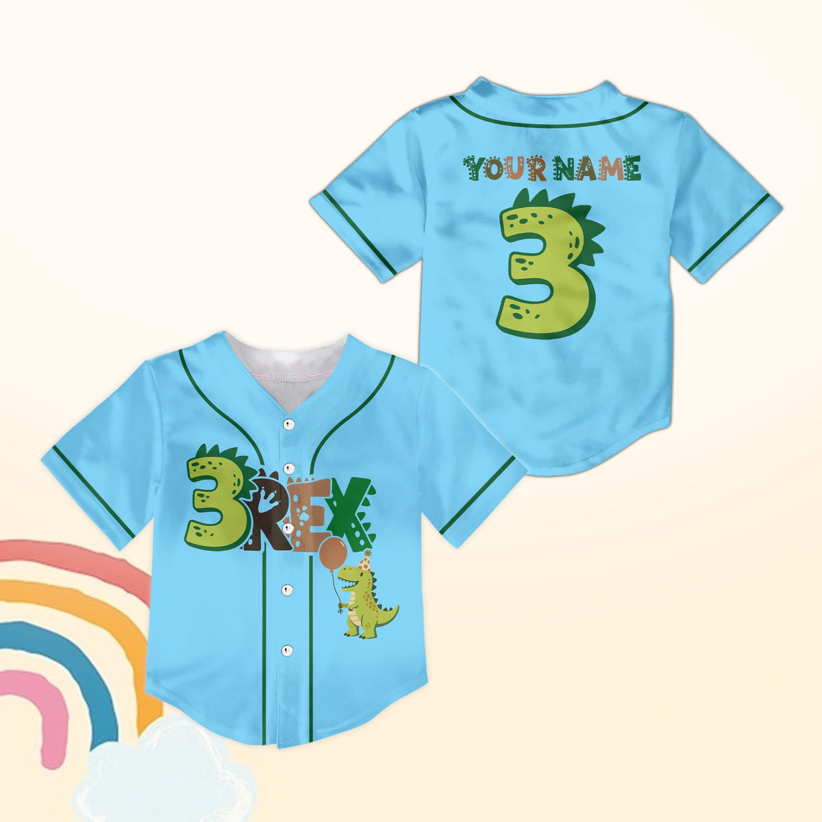 Personalized light blue birthday dinosaur baseball jersey, front view