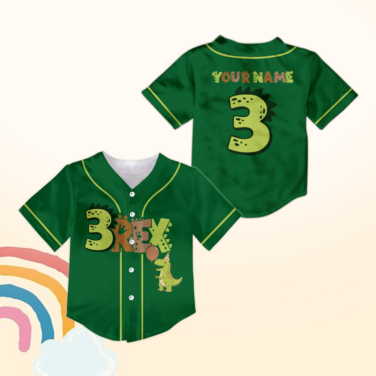 Personalized green birthday dinosaur baseball jersey, front view