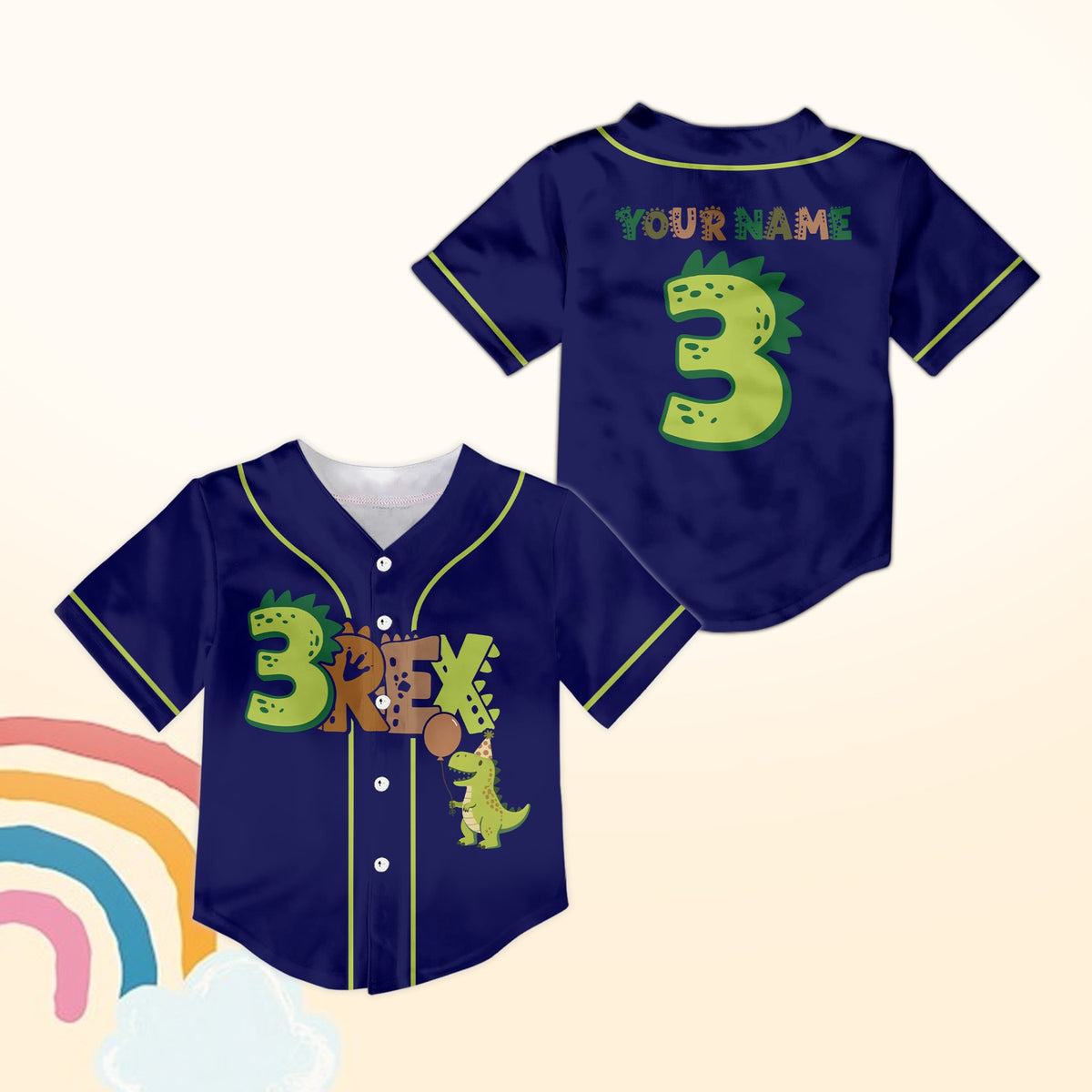 Personalized navy birthday dinosaur baseball jersey, front view