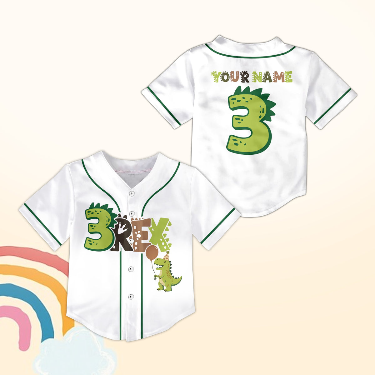 Personalized white birthday dinosaur baseball jersey with 3 Rex design and custom name and number, main view