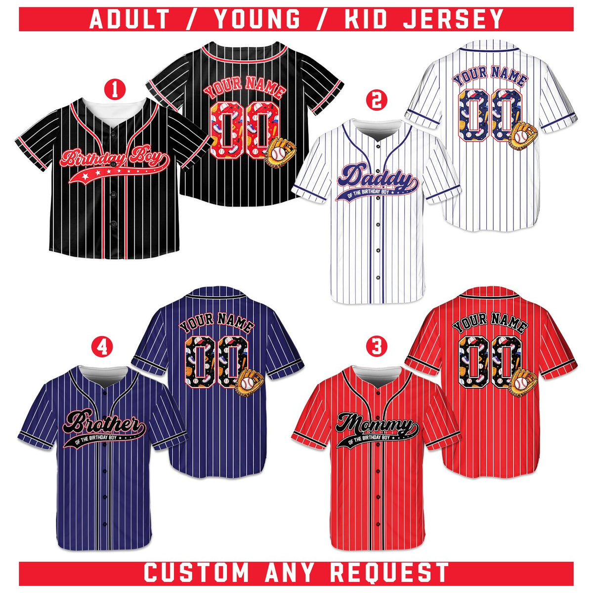 Front view of black custom birthday baseball jersey with stripes