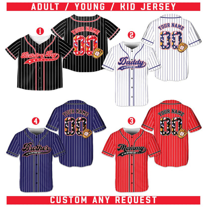 Front view of black custom birthday baseball jersey with stripes
