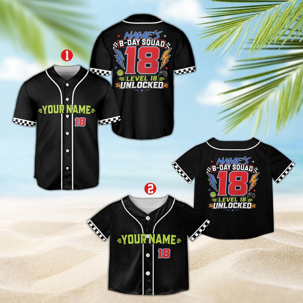 Personalized birthday gaming baseball jersey with custom name and number on black background