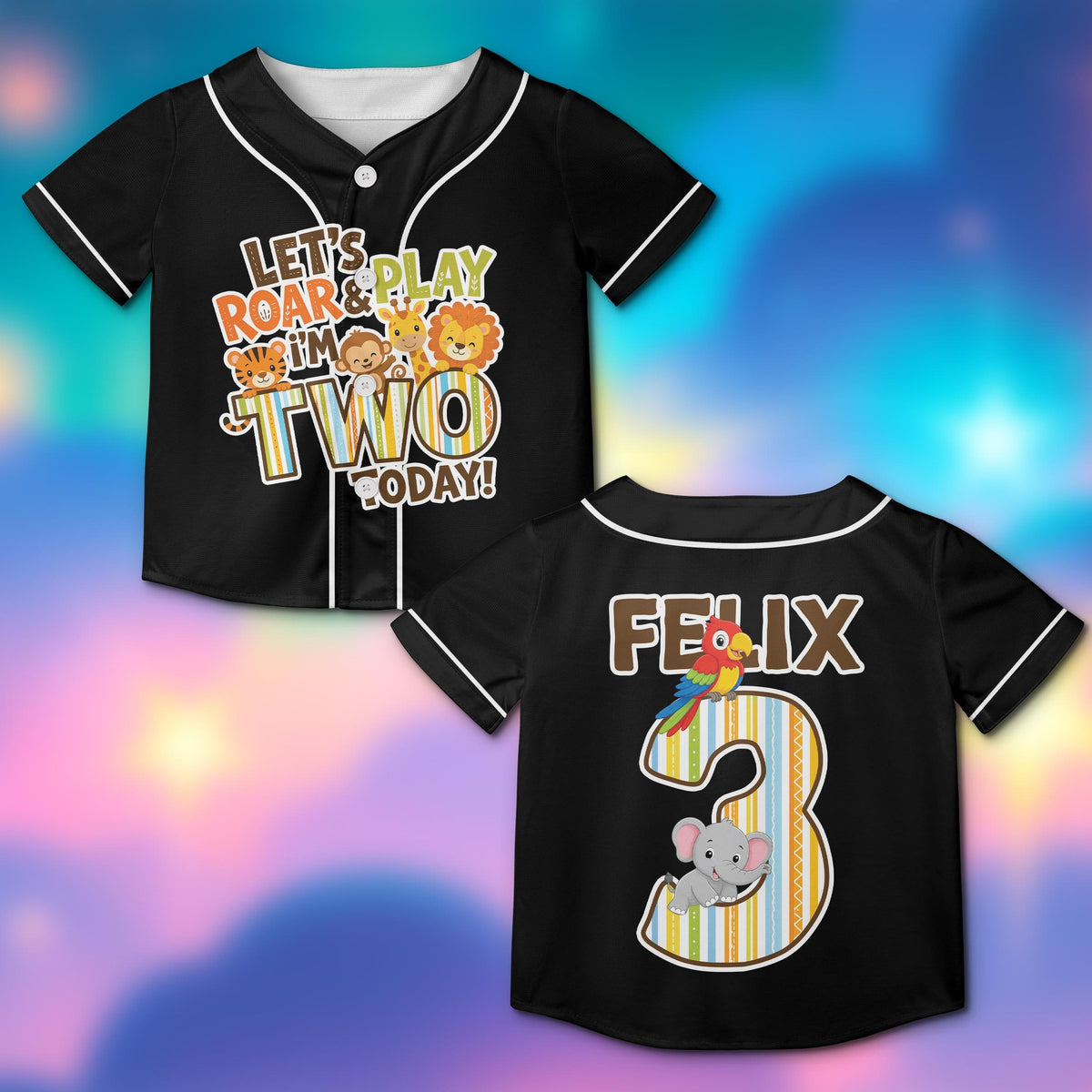 Front view of the black birthday jungle animals baseball jersey