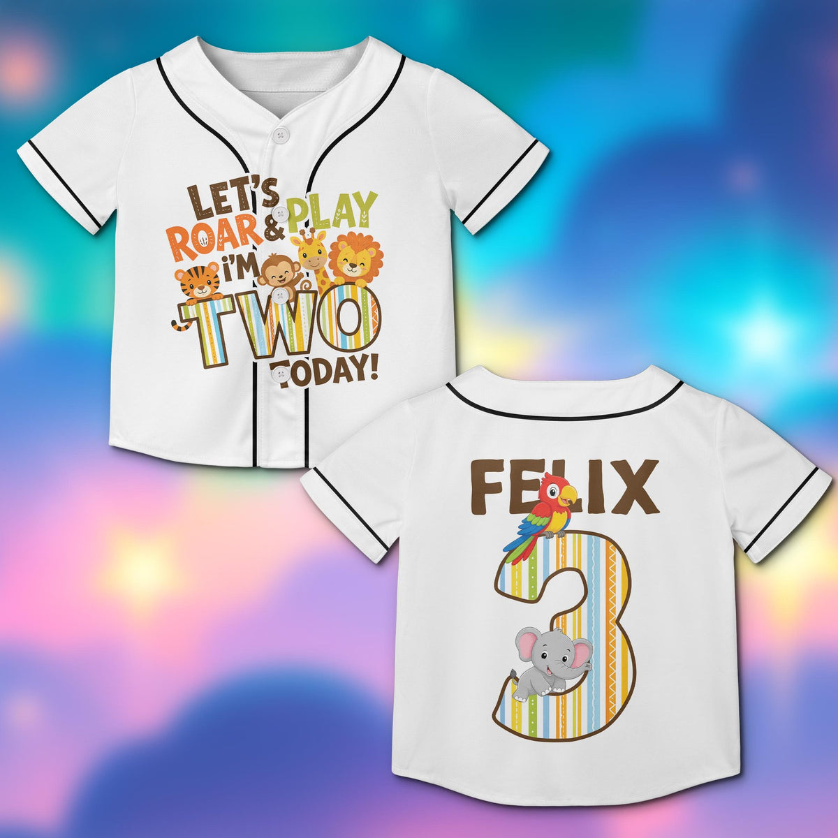 Personalized birthday jungle animals baseball jersey with white background, front view