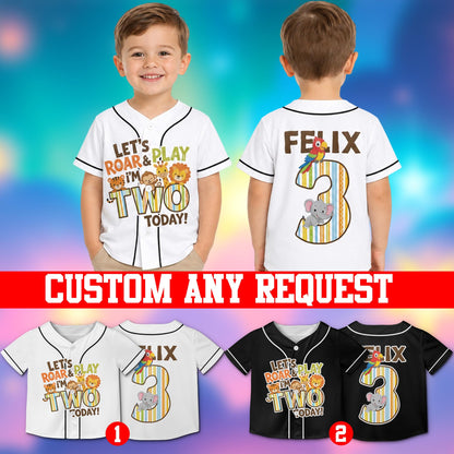 Lifestyle view of someone wearing the personalized birthday jungle animals baseball jersey