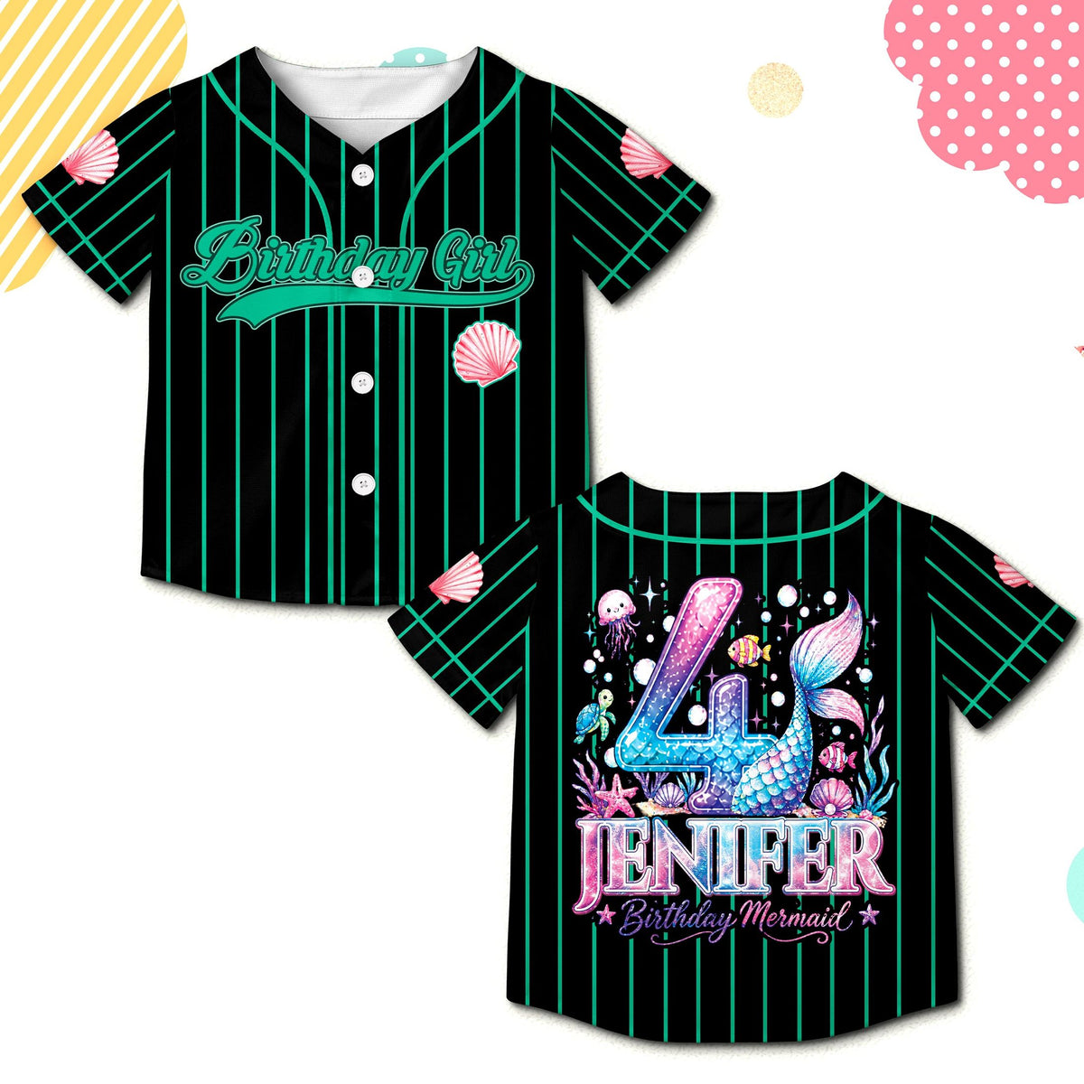 Black birthday mermaid baseball jersey with custom name and number, main view