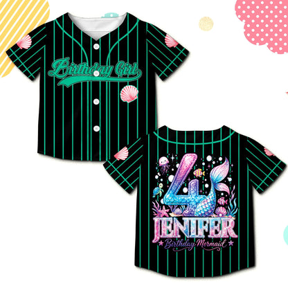 Black birthday mermaid baseball jersey with custom name and number, main view