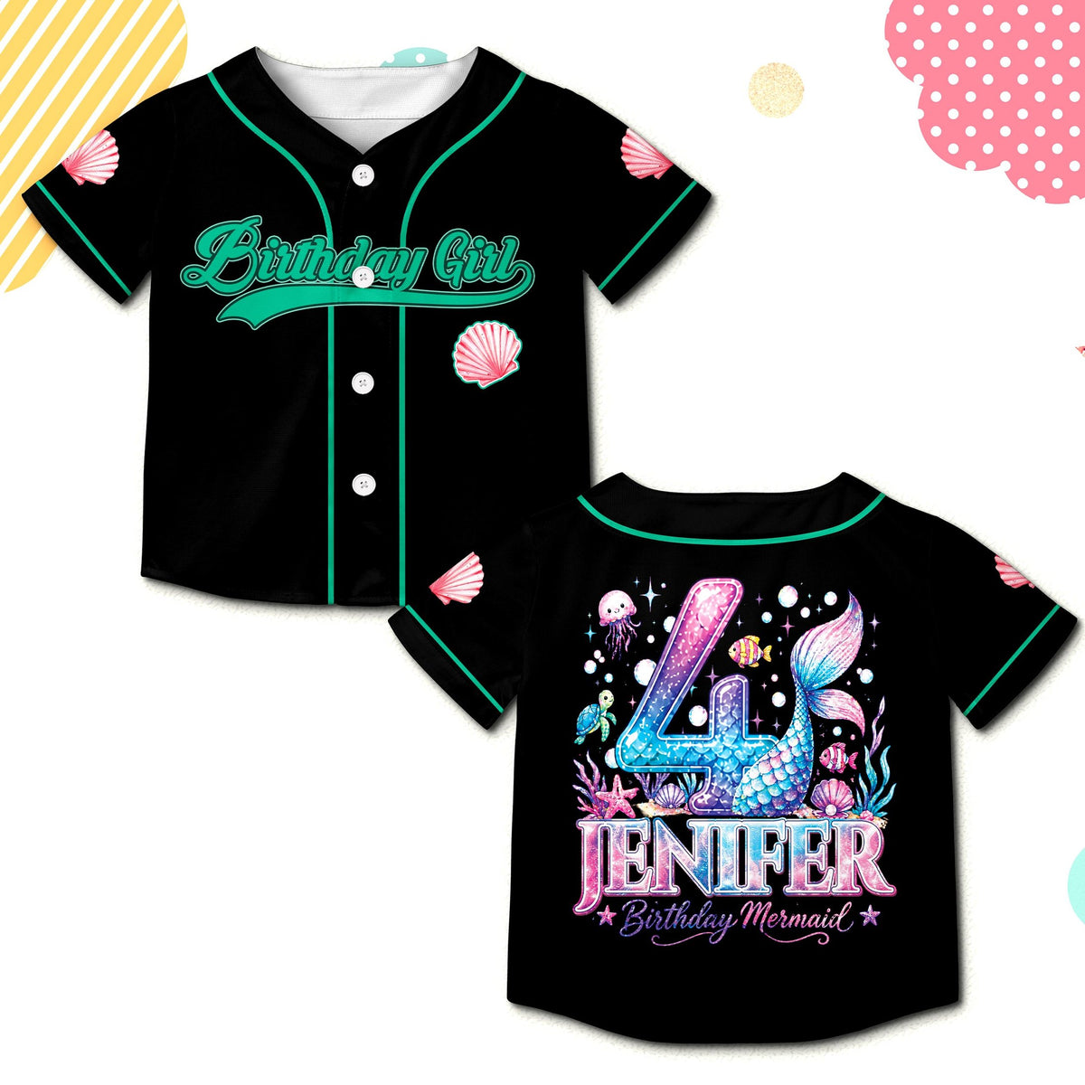 Black custom name and number baseball jersey with shell graphics, front view