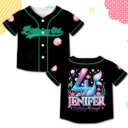 Black custom name and number baseball jersey with shell graphics, front view