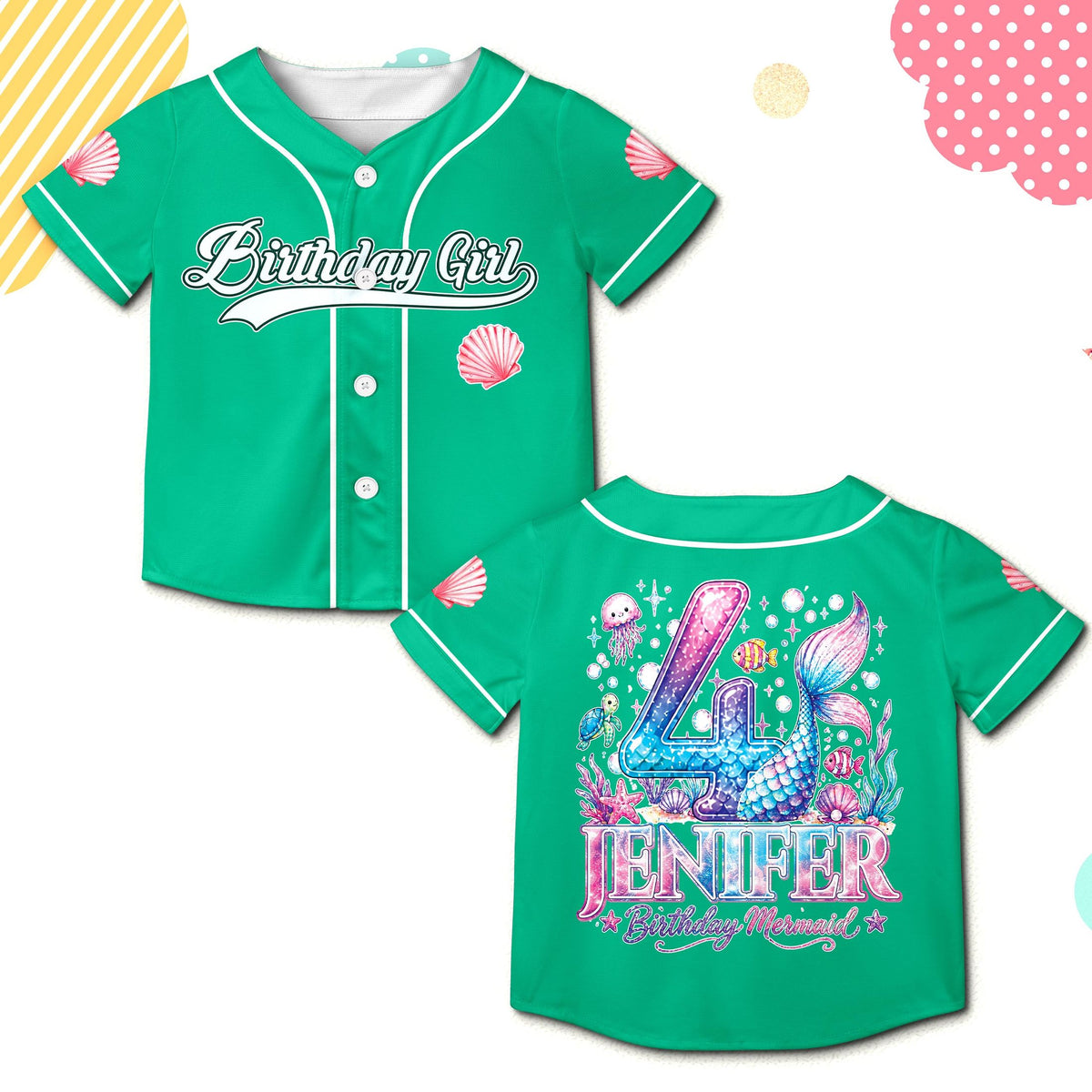 Green personalized baseball jersey with ocean life theme, front view