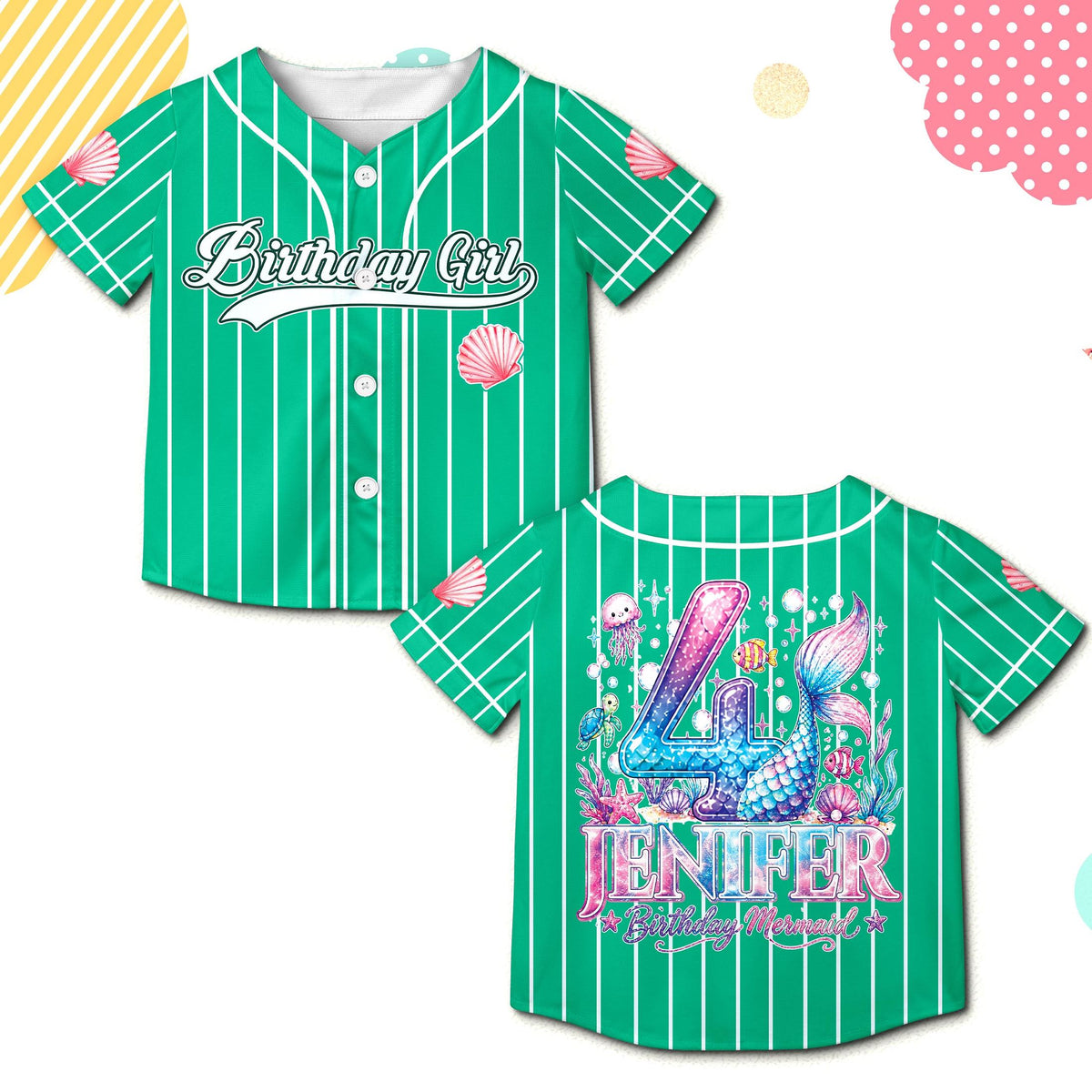 Green birthday baseball jersey featuring birthday girl graphic, front view