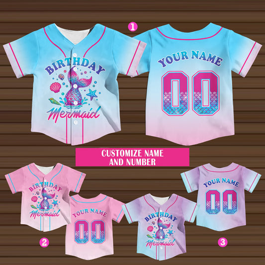 Personalized light blue and pink gradient mermaid baseball jersey with custom name and number, main view