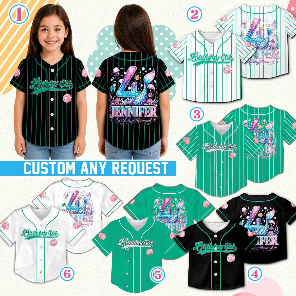 Lifestyle view of someone wearing a multicolor birthday mermaid baseball jersey