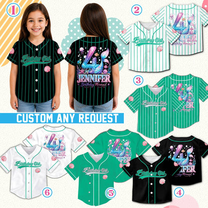 Lifestyle view of someone wearing a multicolor birthday mermaid baseball jersey