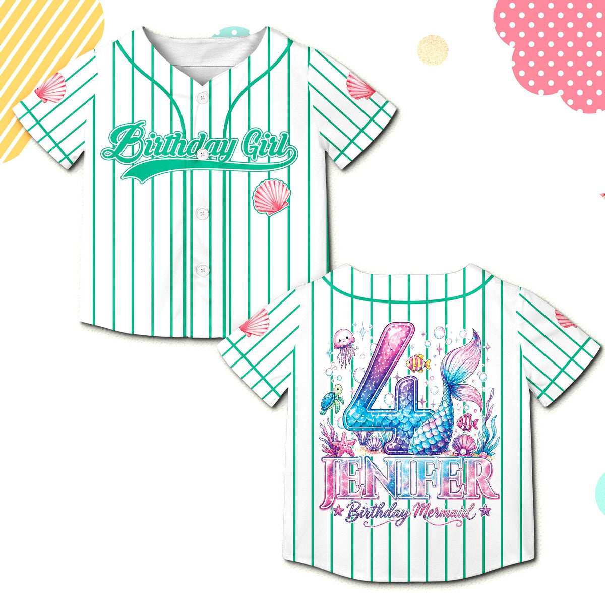 White custom baseball jersey with mermaid tail design, front view