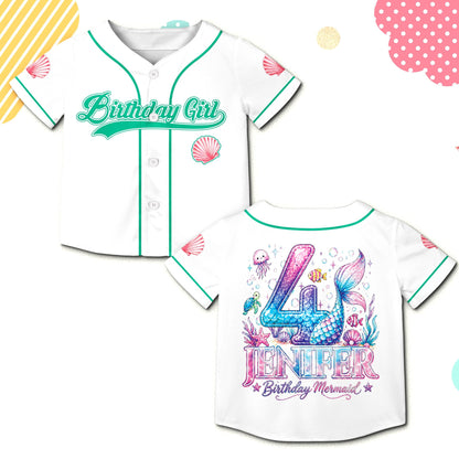 White birthday mermaid baseball jersey, front view