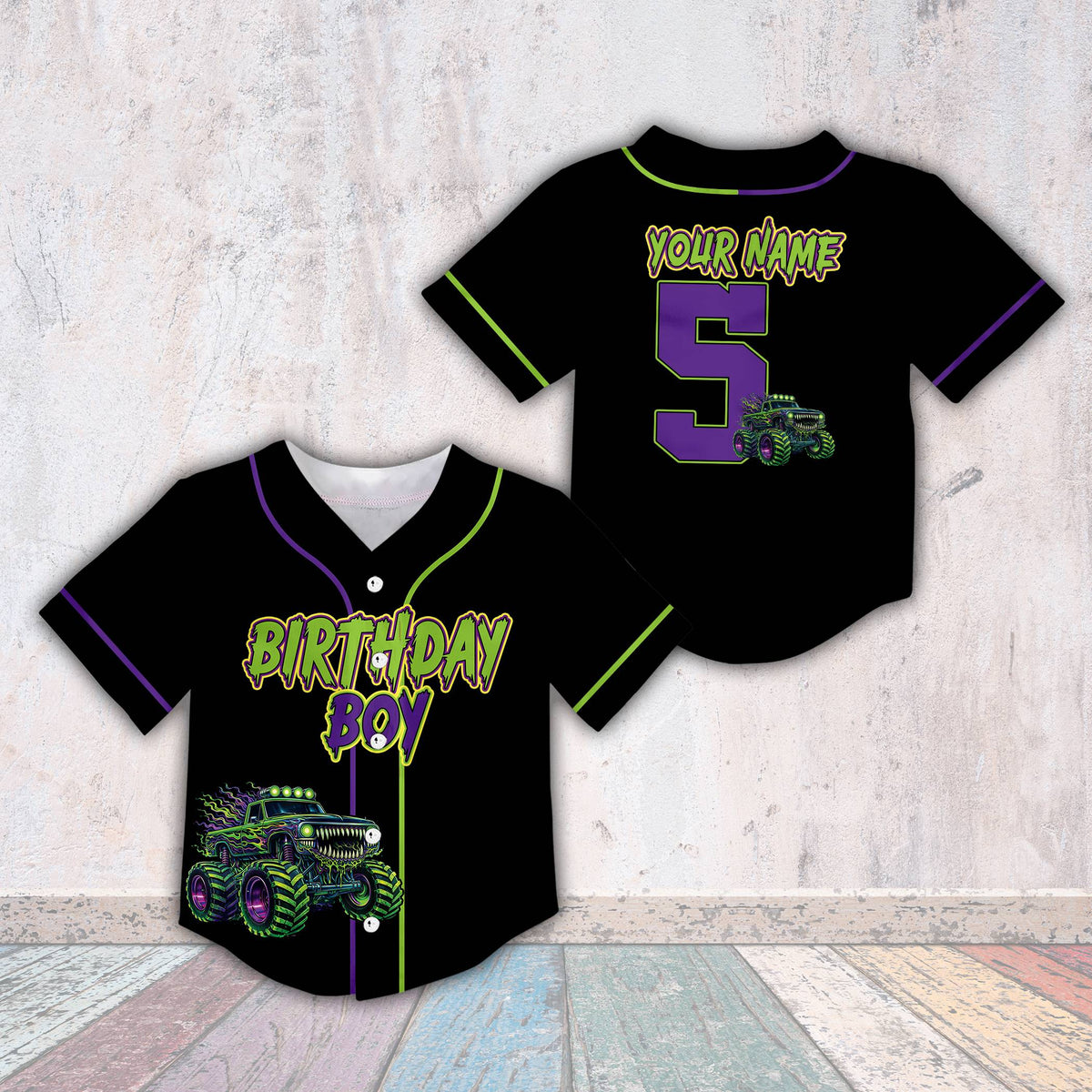 Black birthday monster truck baseball jersey with custom name and number, main view