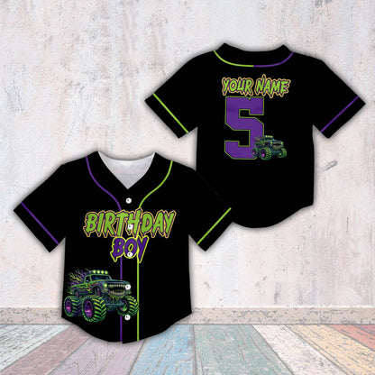 Black birthday monster truck baseball jersey with custom name and number, main view