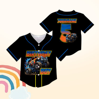 Black custom baseball jersey featuring an aggressive monster truck graphic, front view