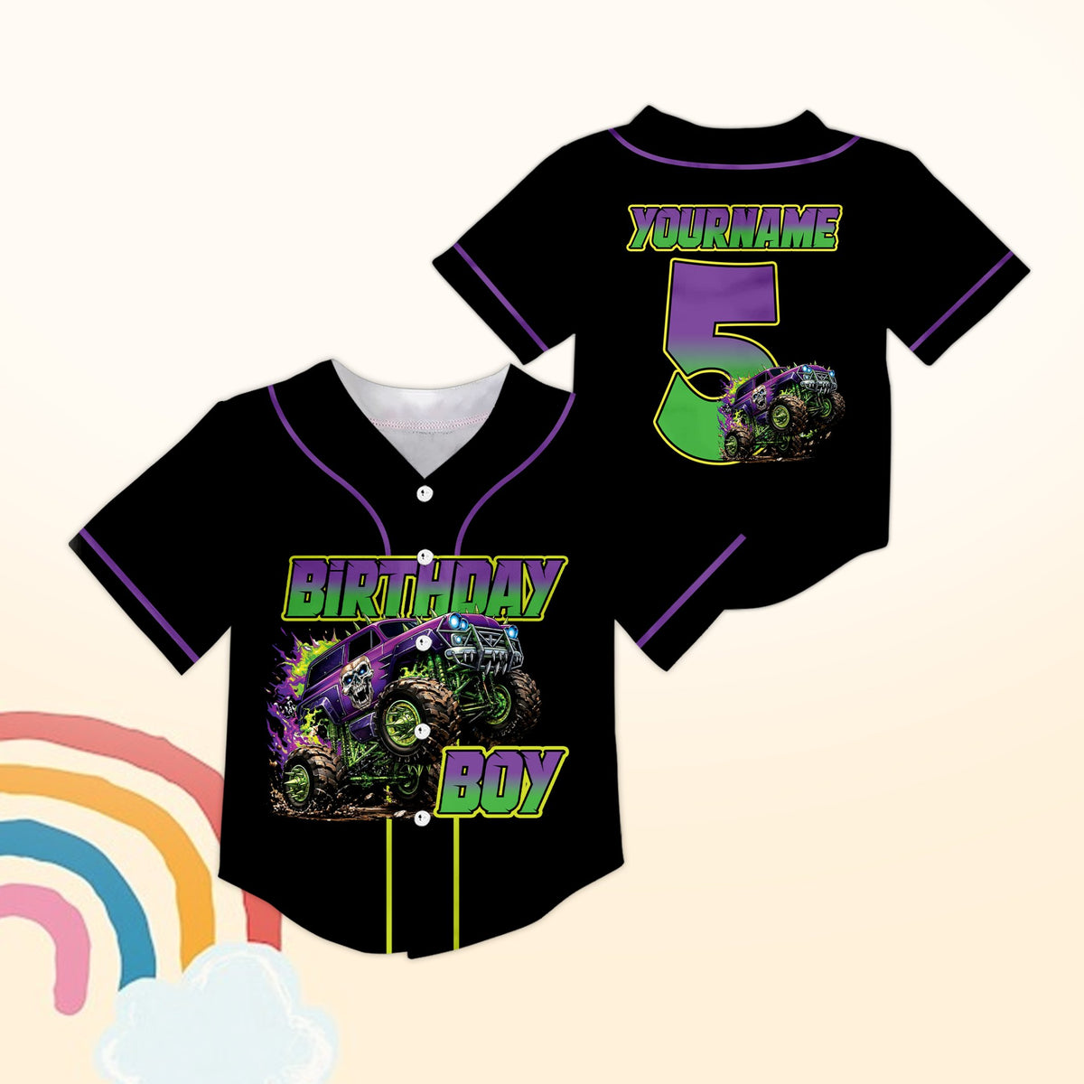Black birthday monster truck baseball jersey with personalized name and number, main view