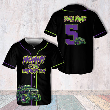 Black custom name and number baseball jersey with monster truck design, front view