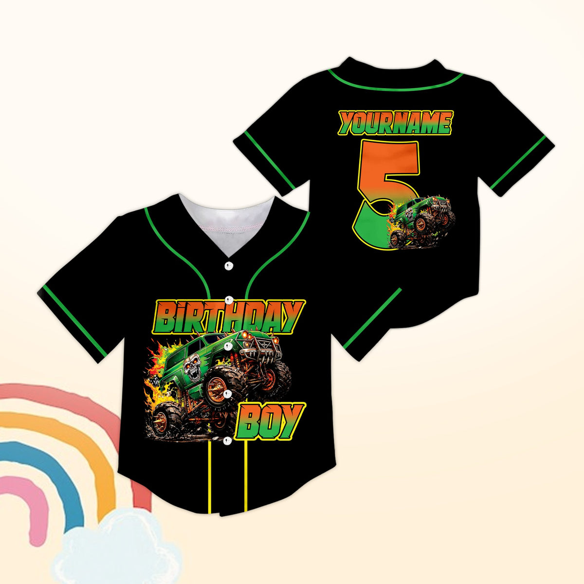 Detailed view of the black birthday monster truck baseball jersey front