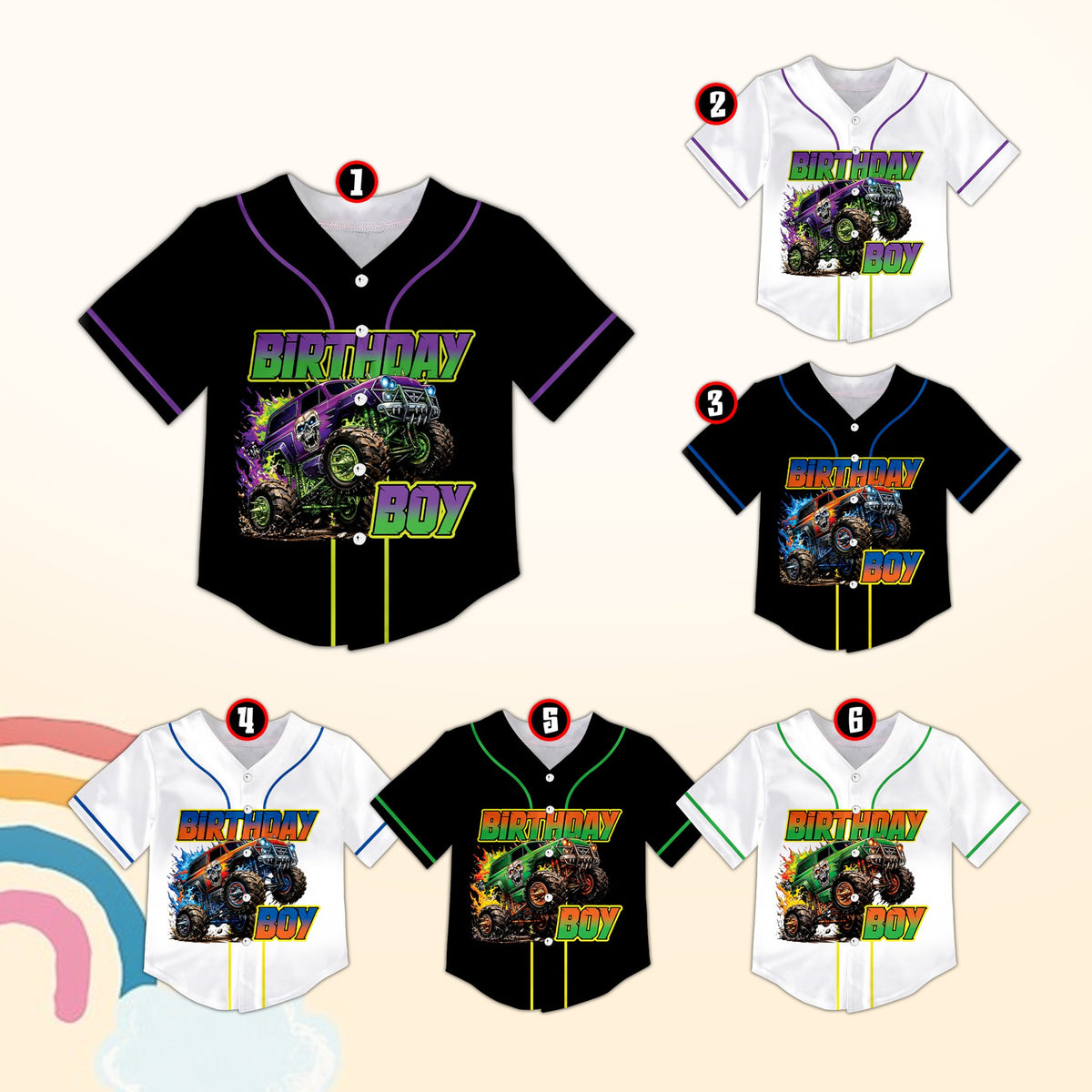 Multicolor birthday monster truck baseball jersey, front view