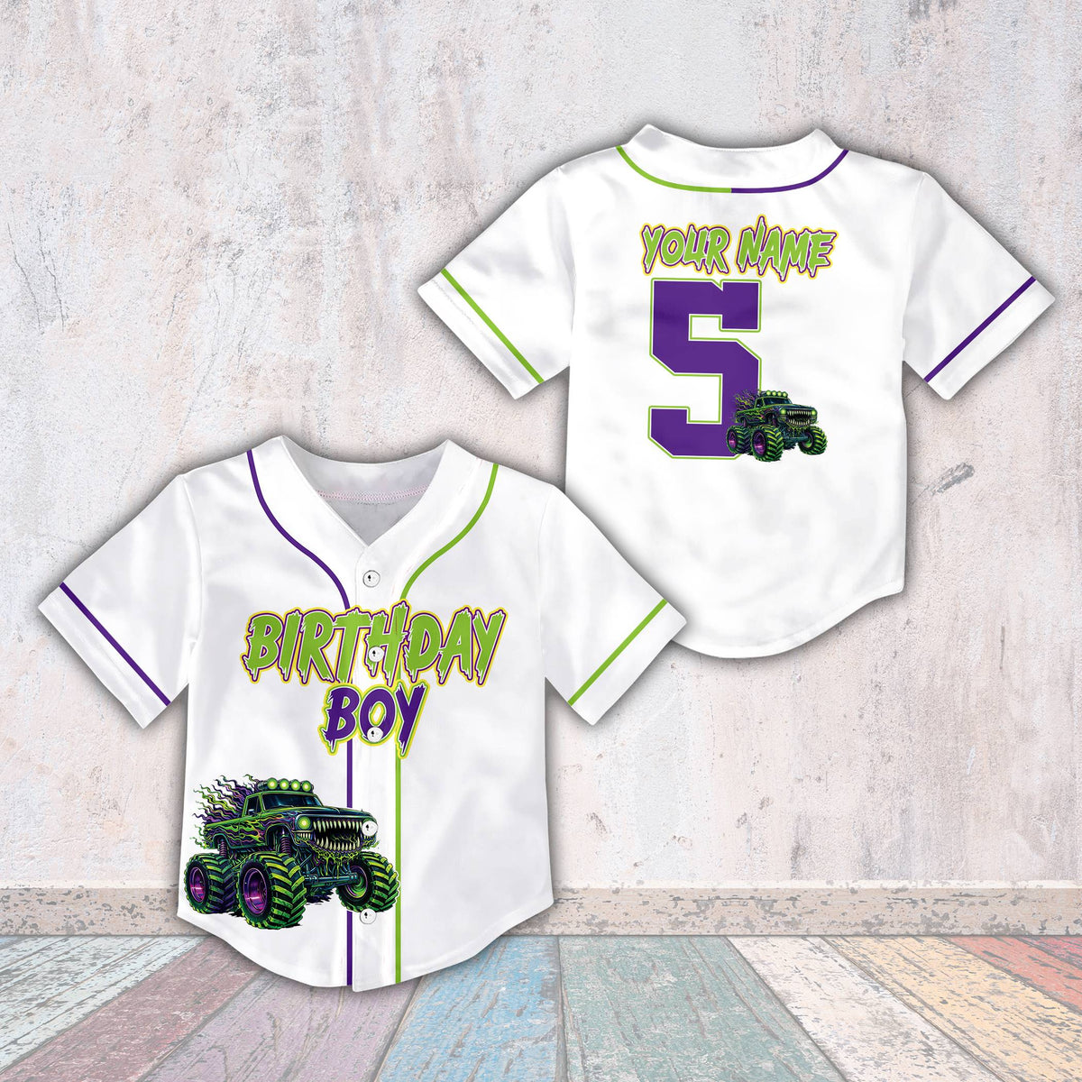 White personalized baseball jersey featuring birthday monster truck graphic, front view