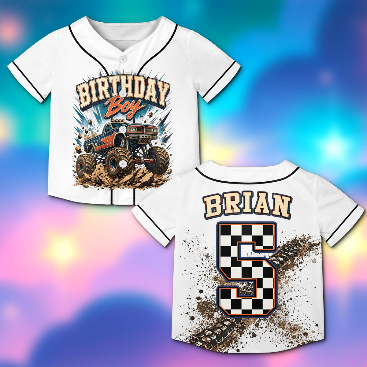 Front view of the white birthday monster truck baseball jersey featuring a truck splashing dirt