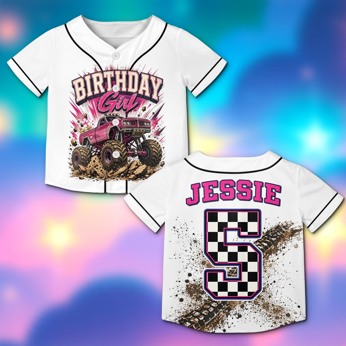 Another front view of the custom birthday monster truck baseball jersey