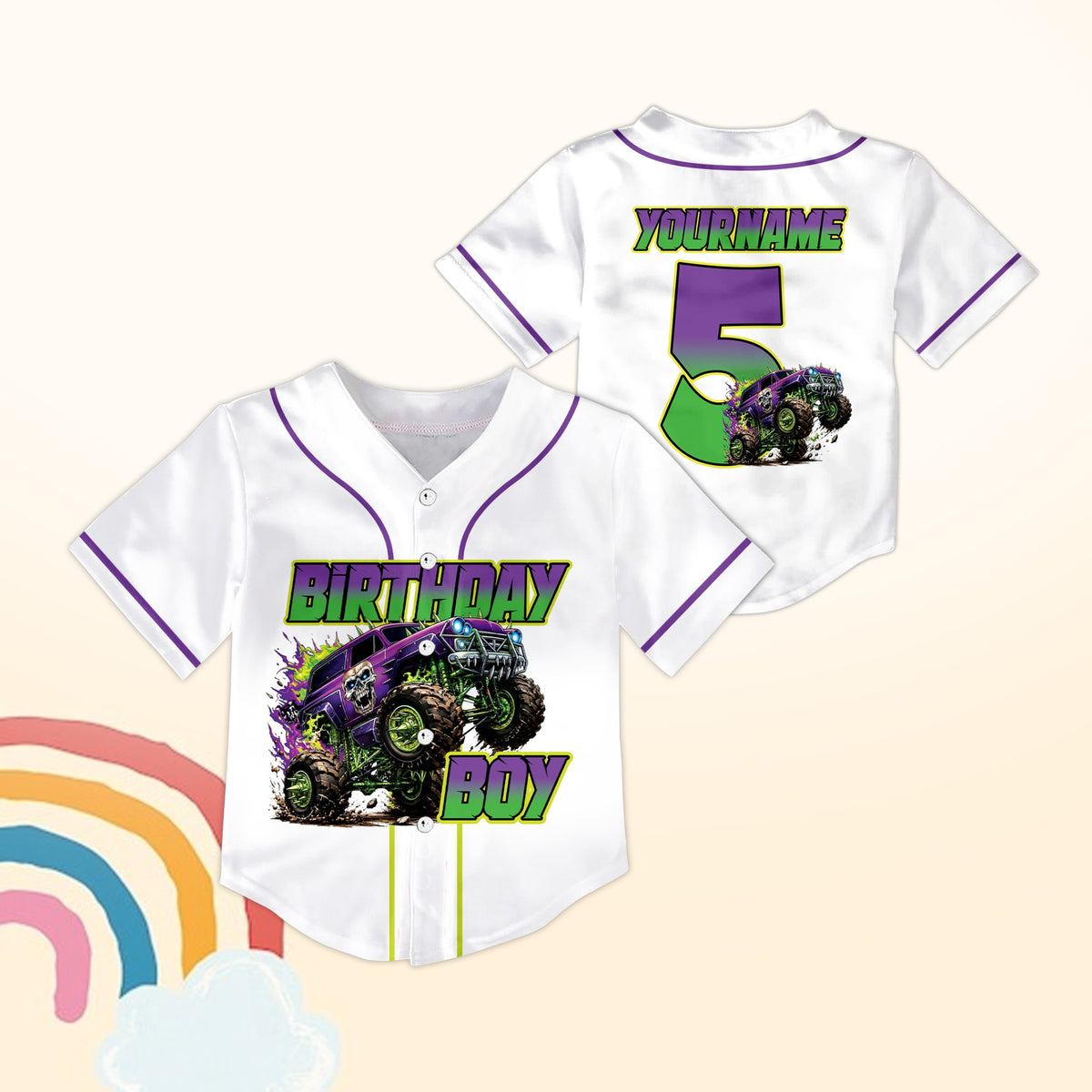 White personalized baseball jersey with birthday monster truck design, front view
