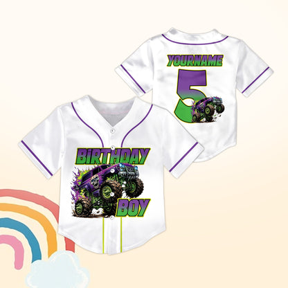 White personalized baseball jersey with birthday monster truck design, front view