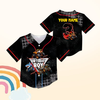 Front view of the birthday monster trucks baseball jersey with custom name and number design on a dark patterned background